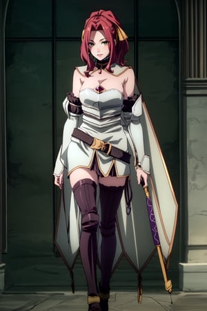 (solo, fullbody, front view), red hair, long hair, green eyes, armor, shining armor, silvery armor, breastplate, detached sleeves, white cape, long skirt, purple skirt, black leather belt, arm guards, hair ornament, mature female, large breast, tall body, slim body, standing, looking at the viewer, smiling, black background, simple background