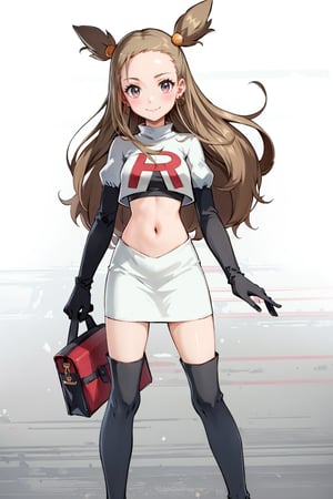 (masterpiece, full body, solo, front view, 1girl), jasmine \(pokemon\), earrings, long hair, slim body, tall body, beautiful body, clavicle, Team Rocket, cropped jacket, white jacket, crop top, jacket, gloves, black gloves, elbow gloves, navel, midriff, white skirt, miniskirt, skirt, thighhighs, black footwear, boots, thigh boots, poke ball, poke ball (basic), holding poke ball, (standing, smiling, looking at the viewer, tilting head), gray background, simple background