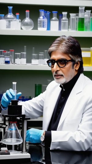 Amitabh Bachchan working in a chemistry lab, wearing black and white clothing. The lab is equipped with beakers, test tubes, and other scientific instruments.