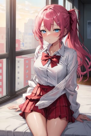 best quality, extremely detailed, HD, 8k,), high quality, masterpiece professional photo, high resolution, hair 2:1, Semi-long hair, Alone, (illustration), multi-layered, bright pink hair, clear eyes, alone, (illustration), multi-layered, dribbble style figure, bright pink hair, clear eyes,wonder beauty , blue eyes, schol, school uniform, white shirt, 4k, HD, red bow,Minako, hot, horny