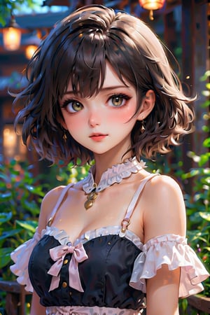 black dress, masterpiece, perfect face, perfect eyes, ultradetailed, hdr, dslr, a little blush, white skin, clear, upper body, A cute short bob with bangs is added with S-wavy ruffle cutting elements. Depending on the shape, it can emphasize a lively and cute feeling or a bold and kitsch image.