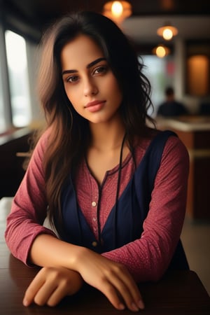 18-year-old girlThere a woman isma young beautiful Indian woman, wearing salwar kameez and dupatta,face features like Katrina Kaif, sitting in cafe looking into the camera, portrait causal
photo Realism Realism Portrait Raw photo,<lora:659095807385103906:1.0>