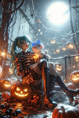 photorealistic, a Miku wearing a black and white prison uniform holding a white humanoid fat cat doll (the cat has a light blue head fur, cat face blush, wearing a prison costume), Leigh, they sit filled with Halloween pumpkin decorations Laughing from the rooftop of the prison..,yajiang,hatsune miku,DarkHalloween,REALNIME,halloween_witch,Spooky  Art Drawing