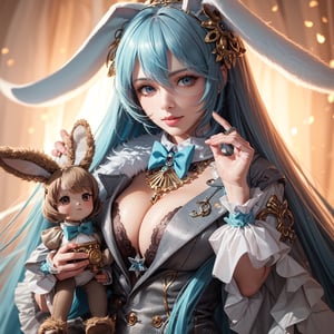 realistic , portrait ,a luxury monocle Miku from a fantasy world who has long blue hair and bunny ears, ((big breast:1.1))wearing a luxury superdetailed gray outfit with white and blue feather accents. They are holding a small, brown-furred grandfather style doll also with bunny ears, set against a backdrop that radiates a warm, soft glow.
