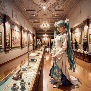 hyperdetailed, realistic photo Hatsune miku wearing luxury 19th century white and Tiffany qipao and wear circle glasses, and clearly show a beautiful shoes, she visiting national palace museum in Taiwan, with containing a many number of luxury qing dynasty porcelain displayed on museum wall both side neatly. wide angle view

