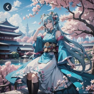 masterpiece,1hatsune miku,full body, ultradetailed,crown,big breast,deep-v,,luxury blossom cheongsam,whimsicale,cinematic photography , blossom tree, Japanese temple