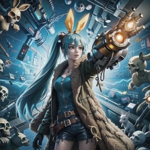  masterpiece cinematic photography, middle age theme, miku in dirty and brown knight suit, her right hand pickup a tall and long bustard sword, and her mechanical left arm is built-in megaman cannon and shooting neonic yellow ball with thunder effect. background as midnight with many skull rabbits.
