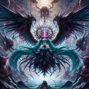 ((photorealistic)), six wings, dark,  hatsune miku in Thrones dark angel