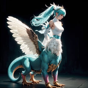Photorealistic, dramatic lighting,super glad body Miku is wearing an original seven-sleeve full-feather white yoga  shirt .luxury feather arts on head, a yellow neonic light tattoo on waist.the lower monster  body and bug front wings are that of a hen with white feathers, its lower body and hind legs are that of a tiffany blue reptile, and its legs have red scales. 
,Add more details,magic-fantasy-forest