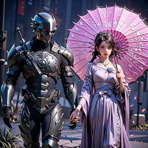 artistic,a faceless helmet man wearing silver colour wetsuit with silver armour on both hands, who hold hands with hus couple 16years old Princess with a black long hair, wearing luxury black lolita long dress and black lolita umbrella on left hand.unreal engine 