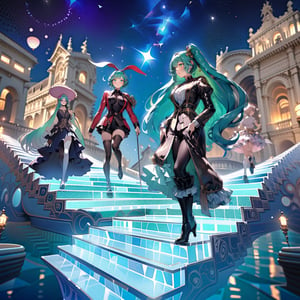 surreal, masterpiece ,((1 hatsune Miku wearing green giorno_giovanna costume from jojo's_bizarre_adventure)) walking,
(luxury superdetailed floating transprant_stair) ,different_reflection,Italy Milan
Magical midnight,wide angle view,Cluttered maximalism, intricately detailed.
((superdetailed eyeliner)),giorno_giovanna shadow cut at background
