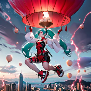 surreal, artistic poster,Hatsune Miku in deadpool jumping on top of sky lantern(pattern like the president of Russia) with handleing a bowl of mochi balls,replaced to show miku face clearly,as  deadpool's clothes  white Gothic sleeves with luxury laces and replace red diamond shoes, red thundee effects at surrounding,Hong kong city background
