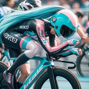 1 Miku (big breast:1) Wearing superdetailed white and black cycling suit,white cycling aero helmet, riding a track bike in a Japanese keirin race, speed motion effects, background as other cycling racers
