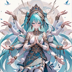 masterpiece,1 hatsune Miku,full body,best quality,((superdetailed luxury indian dress))photorealistic,1girl,8k RAW photo,perfect face,best quality,superrealistic,ultra-detailed, solo,big breast, ((10 hands))superdetailed, superdetailed pearl Ornaments,joying,closed mouth,((beautiful detailed eyes)), long hair,Cluttered intricately detailed. ((superdetailed wooden eyeliner)),