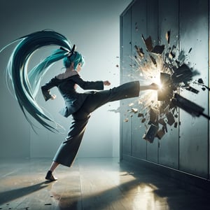Dramatic lighting, cinematic photography,karate pratice theme,a off-shoulder ((big breast:1))karate clothes bunny miku punching to a metallic  wall with explosion effect 