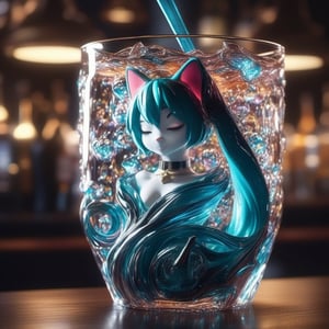 surreal, liquid dropping into a luxury stanied glass miku cup with cat ears ,which settle on a luxury and superdetailed  bar table