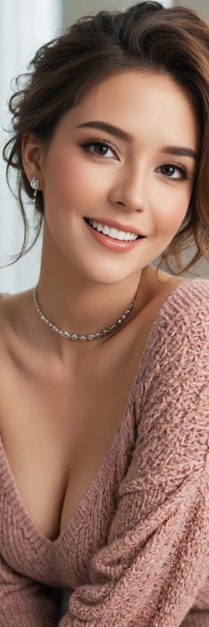 A beautiful woman, (pretty face, cuspid), (bright smile, showing teeth), exquisite eye shadow and makeup, long eyelashes, (updo hair, highlights), (turtleneck short-sleeved sweater, fitted), pencil skirt, (Exquisite earrings, necklaces, bracelets), Perfectly realistic face, surreal skin texture, realistic, film grain, (huge breasts, I cup, saggy breasts), messy hair, (8K, original photo, top quality, masterpiece), 35mm DSLR photo, model Body shape, standard body shape, full HD, full-body shot,