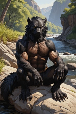 hyperrealism, solo, (male furry [(dark black wolverine)|(skunk}] with brown fur:1.2), (plantigrade foot-paws with five toes and claws), (He is sitting along a river on a small hill), facing viewer, face with with a flirty expression