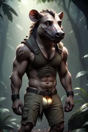 realistic, realism, slightly chubby large male were-warthog, ripped pants, bulge, jungle, dark, cheerful, filtered lights, thick fur, amber eyes,