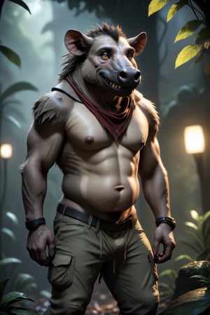 realistic, realism, slightly chubby large male were-warthog, ripped pants, bulge, jungle, dark, cheerful, filtered lights, thick fur, amber eyes,