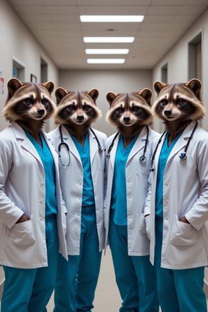 masterpiece, 8k, HDR, best quality, (highly detailed skin), photography, analog style, real life, extremely beautiful, (highly detailed, intricately detailed), (alluring eyes), four raccoon doctors standing together in medical scrubs, each with a white lab coat, blue shirt, glasses, shirt, pants, at the entrance of a hospital. Photograph taken with Canon EOS R3. realism, photorealistic, 