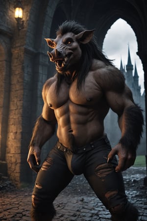 realistic, realism, large male were-warthog, fangs, ripped pants, bulge, gothic castle, dark, moody, filtered lights, thick fur, amber eyes,