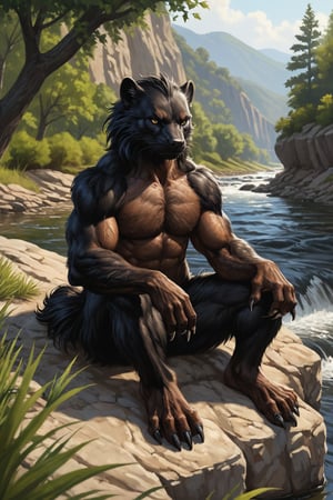 hyperrealism, solo, (male furry [(dark black wolverine)|(skunk}] with brown fur:1.2), (plantigrade foot-paws with five toes and claws), (He is sitting along a river on a small hill), facing viewer, face with with a flirty expression