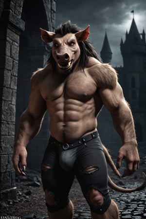 realistic, realism, large male were-warthog, fangs, ripped pants, bulge, gothic castle, dark, moody, filtered lights, thick fur, amber eyes,