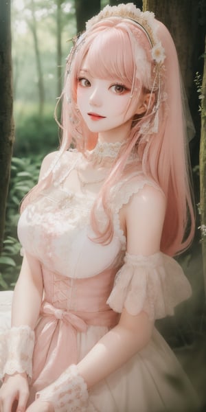 (Masterpiece, Best Quality, Photorealistic, High Resolution, 8K Raw), Smiling, Looking At Viewer, Upper Body, Light, 1 Girl, Solo, Beautiful Young Girl, 18 Years Old, (Long Hair, Pink Hair, Bangs:1.3), Big Breasts, lolita dress, digital painting, fantasy, hidden forest, centered big tree, (glowing crystals), flowers, petal, (night time), Yewon, white dress