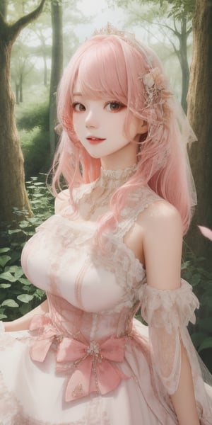 (Masterpiece, Best Quality, Photorealistic, High Resolution, 8K Raw), Smiling, Looking At Viewer, Upper Body, Light, 1 Girl, Solo, Beautiful Young Girl, 18 Years Old, (Long Hair, Pink Hair, Bangs:1.3), Big Breasts, lolita dress, digital painting, fantasy, hidden forest, centered big tree, (glowing crystals), flowers, petal, (night time), Yewon, white dress