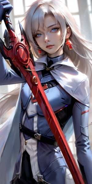 score_9, score_8_up, score_7_up, masterpiece, best quality, high resolution, 1 girl, solo, Korean girl, looking at viewer, upper body, reality, A_xb3, single cross earring, blue bodysuit, silver cape, white thigh boots, blue gloves, (weapon, red sword, holding weapon, holding red sword:1.3), 