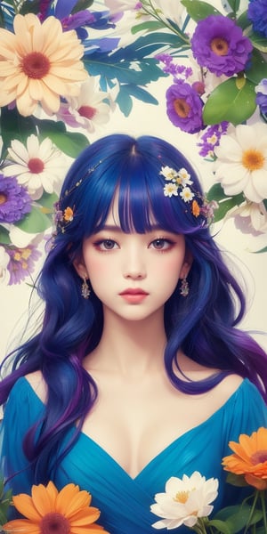 A captivating digital art portrait of a young woman surrounded by a vibrant array of flowers. Her wavy, dark blue hair with bangs frames her face, blending seamlessly with the floral elements around her. The flowers, in shades of orange, blue, and white, create a striking contrast against her pale skin. She gazes directly at the viewer with an intense, almost ethereal expression. The intricate details of the petals and leaves intertwine with her hair, giving the impression that she is one with nature. The overall composition is both delicate and dramatic, evoking a sense of mystery and enchantment. ELIGHT, JeeSoo 