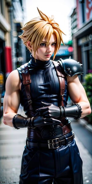 High Quality, Masterpiece, IncrsBrknGls, reflection, , cloud strife, shoulder armor, sleeveless turtleneck, suspenders, belt, gloves, bracer, , solo, 1boy, look at the viewer, midbody, holding buster sword, 1st soldier, street background