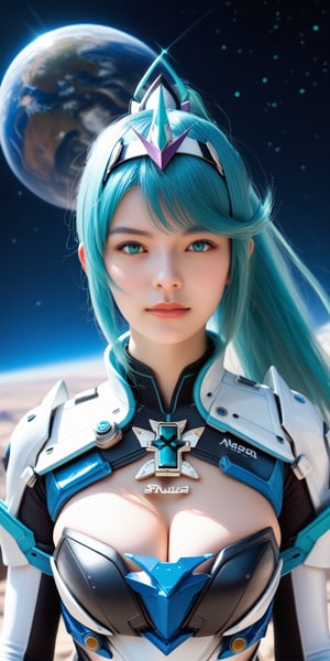 score_9, score_8_up, score_7_up, masterpiece, best quality, high resolution, BREAK, 1 girl, solo, looking at viewer, upper body, reality, pnmdef, long hair, aqua hair, bangs, ponytail, aqua eyes, big breasts, tiara, armor, gloves, outdoor, planet, galaxy, space station background