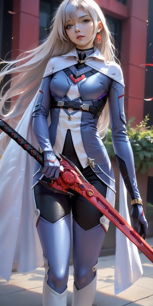 score_9, score_8_up, score_7_up, masterpiece, best quality, high resolution, 1 girl, solo, Korean girl, looking at viewer, reality, A_xb3, single cross earring, blue bodysuit, silver cape, white thigh boots, blue gloves, (weapon, red sword, holding weapon, holding red sword:1.3), 