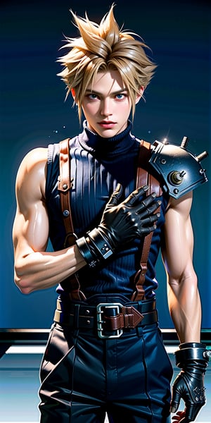 High Quality, Masterpiece, IncrsBrknGls, reflection, , cloud strife, shoulder armor, sleeveless turtleneck, suspenders, belt, gloves, bracer, , solo, 1boy, look at the viewer, midbody, holding buster sword, 1st soldier