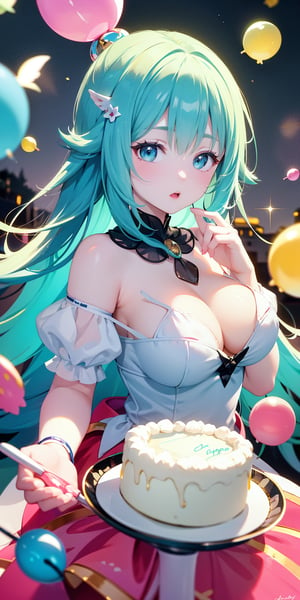 A girl, long aqua hair, bangs, falls onto a cream cake, causing the cream to splatter everywhere. As she lands, an explosion of candies and bubbles fills the air, floating all around her. The scene is whimsical and playful, with colorful sweets and shimmering bubbles creating a magical, dream-like atmosphere. (upper body:1.3) 