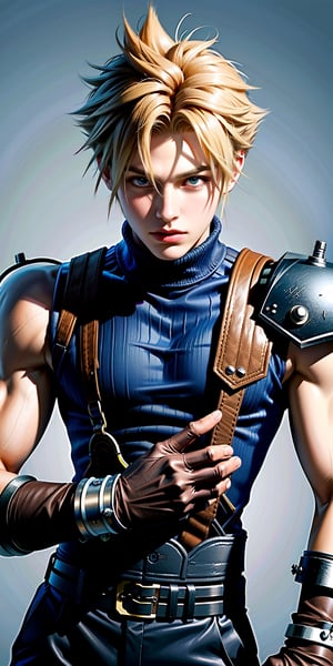 High Quality, Masterpiece, IncrsBrknGls, reflection, , cloud strife, shoulder armor, sleeveless turtleneck, suspenders, belt, gloves, bracer, , solo, 1boy, look at the viewer, midbody, holding buster sword, 1st soldier