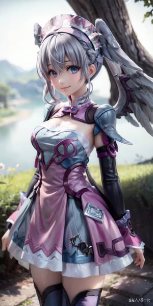 best quality, masterpiece, highres, detailed, digital artwork, , MeliaXenoblade, blue eyes, head wings, hair between eyes, grey hair, , pink dress, upper body, headdress,camp, happy, smile,MeliaXenoblade