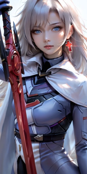 score_9, score_8_up, score_7_up, masterpiece, best quality, high resolution, 1 girl, solo, Korean girl, looking at viewer, upper body, reality, A_xb3, single cross earring, blue bodysuit, silver cape, white thigh boots, blue gloves, (weapon, red sword, holding weapon, holding red sword:1.3), 