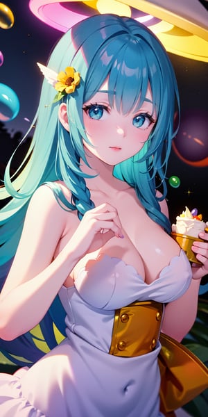 A girl, long aqua hair, bangs, falls onto a cream cake, causing the cream to splatter everywhere. As she lands, an explosion of candies and bubbles fills the air, floating all around her. The scene is whimsical and playful, with colorful sweets and shimmering bubbles creating a magical, dream-like atmosphere. (upper body:1.3) 