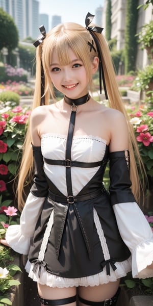 score_9, score_8_up, score_7_up, 1 girl, solo, happy, looking at viewer, upper body, doamarie, blonde hair, twintails, hair ornament, hair ribbon, choker, harness, black skirt, black and white dress, detached sleeves, black sleeves, thigh strap, cityscape, garden, flowers, reality,