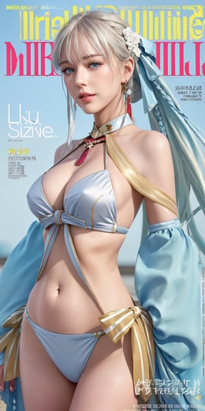 (Masterpiece, top quality, best quality, official art, beauty & aesthetics: 1.2), hdr, high contrast, wide angle lens, 1 girl, solo, silver hair, long hair, bangs, looking at viewer, relaxed expression, pronounced blue eyes, long faded eyebrows, soft makeup, gradient lips, big breasts, hourglass figure, long fingers, belly button, realistic illustration, (soothing tones: 1.3), (super detailed: 1.2), shiny skin, lustrous skin, wide hips, narrow waist, very long hair, bangs, bow, french braid, braid, detached sleeves, hair ornament, ponytail, hair bow, dress, swimsuit, bikini, stomach tattoo, cowboy shot, hands on hips, seductive smile,
(fashion magazine cover:1.5)
