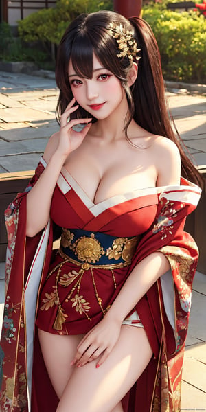 (Masterpiece, top quality, best quality, official art, beauty & aesthetics: 1.2), hdr, high contrast, wide angle lens, 1 girl, solo, long hair, black hair, bangs, looking at viewer, relaxed expression, pronounced red eyes, long faded eyebrows, soft makeup, gradient lips, big breasts, hourglass figure, long fingers, realistic illustration, (soothing tones: 1.3), (super detailed: 1.2),  {taiho_azurlane:1.15}, red eyes, hair between eyes, ahoge, cleavage, very long hair, blush, hair ornament, smile, collarbone, kimono, taiho_azurlane
sunny day, trees, ancient temple background