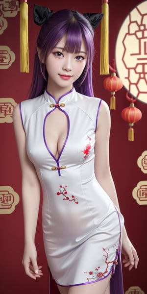 (Masterpiece, Best Quality, Photorealistic, High Resolution, 8K Raw), Smile, Looking At Viewer, Upper Body, 1 Girl, Solo, Beautiful Young Girl, 18 Years Old, Long Hair, (Purple Hair, Bangs:1.3), Small Breasts, Light, (little girl:1.3), Unicorn, white silk cheongsam, short cheongsam, red stitching, bun cover, white stockings, wrist cuffs, black ribbon, cleavage cutout, standing, (Chinese New Year background:1.3)