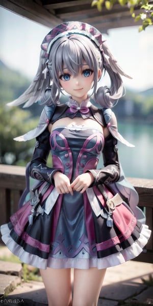 best quality, masterpiece, highres, detailed, digital artwork, , MeliaXenoblade, blue eyes, head wings, hair between eyes, grey hair, , pink dress, upper body, headdress,camp, happy, smile,MeliaXenoblade