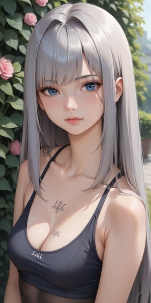 score_9, score_8_up, score_7_up, masterpiece, best quality, high resolution, 1 girl, solo, Korean girl, (loli girl:1.3), 10 yo, looking at viewer, upper body, reality, (long hair, grey hair, bangs:1.3), small breasts, EthelXC3, blue eyes, black tights, bare shoulders, cleavage, chest tattoo, garden background,