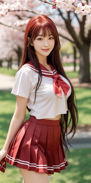 Masterpiece, best quality, super detailed, 1 girl, solo, long hair, red hair, (bangs), brown eyes, big breasts, 
kousaka tamaki, smile, closed mouth, looking at viewer, school uniform, serafuku, red sailor collar, red neckerchief, red pleated skirt, white thighhighs
realistic, sexy pose, upper body, cowboy shot, outdoor, sunny day, under the cherry blossom tree