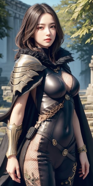 Masterpiece, Best Quality, Photorealistic, High Resolution, 8K Raw), looking at viewer, upper body, 1 girl, solo, long hair, (brown hair), big breasts, Light 
jinsoyun, black bodysuit, black cloak, black feather cloak, one-sided shoulder armor, fishnet, single gauntlet, bracelet, outdoor, trees, flowers, ancient temple background