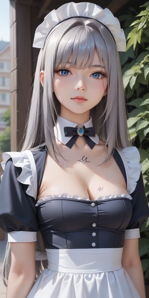 score_9, score_8_up, score_7_up, masterpiece, best quality, high resolution, 1 girl, solo, Korean girl, (loli girl:1.3), 10 yo, looking at viewer, upper body, reality, (long hair, grey hair, bangs:1.3), small breasts, EthelXC3, blue eyes, maid hat, maid outfit, cleavage, chest tattoo, outdoor cafe background,